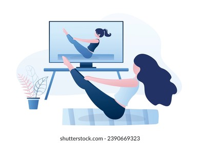 Yoga course streaming on tv or monitor. Girl doing yoga Boat Pose, paripurna navasana asana in hatha yoga. Online technology. Exercise for healthy lifestyle. Vector illustration in trendy blue style