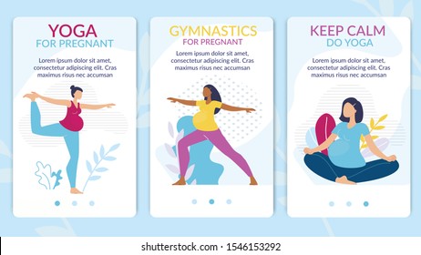 Yoga Courses, Gymnastics Classes for Pregnant Trendy Flat Vector Vertical Web Banners, Landing Pages Templates Set. Multinational Pregnant Women Doing Physical Exercises, Practicing Yoga Illustration