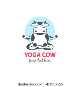 Yoga cow logo template. Funny cartoon vector cow sitting on lotus pose of yoga.