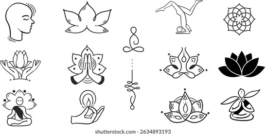 Yoga creatives design element set,peace,tranquility,Hand drawn decoration line set,world yoga day poster,card background design element. 
