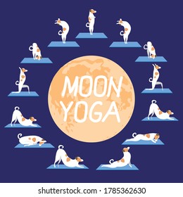 Yoga and cute character dog jack russell terrier doing moon yoga as concept of yoga in the evening, at night, asana chandra namaskar. Flat or outline vector stock illustration with pet and moon