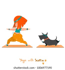yoga with cute Scottish terrier. Cute little girl isolated on white background Little girl with dog