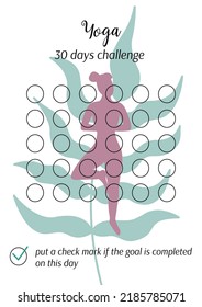 Yoga Daily Challenge. Personal 30 Days Tracker Printable Template. Vertical Page A4 A5. Vector Illustration Of Paper Sheet For Marking Progress In Month. Habits Tracker Blank.