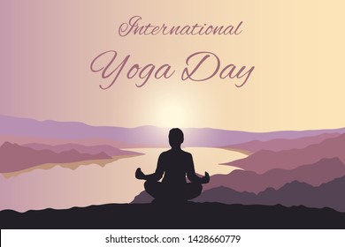 Yoga Day background. Woman on a hill in Lotus position outdoor at sunset landscape, river flowing among a mountains and cloudless sky. Vector template for banner or poster with free space for text.