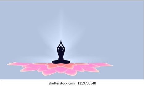 Yoga Day banner with Dark Yogi on beautiful gradient full Pink Lotus petals on blue background vector design