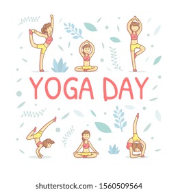Yoga Day Banner Template with Girl Demonstrating Various Yoga Positions Vector Illustration