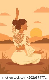 Yoga day. Beautiful woman in ethnic outfit doing yoga and meditating at sunset by the lake. Vector illustration yoga, healthy body, beauty, nature gentle pastel beige tones. For health, yoga projects