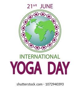 Yoga Day card with text, planet Earth and lotuses on a white background. Vector illustration