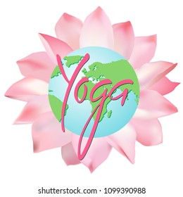 Yoga Day card with text, planet Earth and lotuses on a white background. Vector illustration
