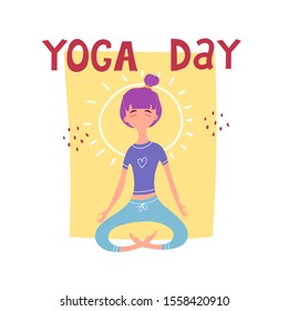 yoga day. Caricature woman with lettering, decor elements. Colorful flat vector illustration. hand drawing. World Health Day. healthy lifestyle. For posters, banners.