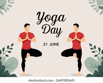 Yoga Day Celebration Illustration with Man Practicing Tree Pose on June 21