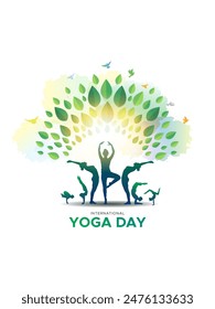 Yoga Day kreatives Konzept. Menschen, die Körperdehnung und Fitness trainieren und feiern Hintergrund.