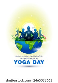 Yoga day greeting. Group of people practicing body stretch, fitness exercises, workout, relaxation, recreation and holistic wellness activity.