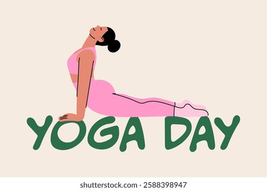 Yoga Day illustration. Flat-style illustration of a girl doing yoga in a cobra, (upward dog pose). Ideal for wellness blogs, fitness promotions, yoga studios, and social media content.