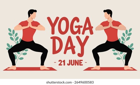 Yoga Day Illustration with Man in Red Shirt Performing Goddess Pose on June 21