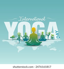 Yoga Day June 21st. People practicing yoga background. Vector illustration.