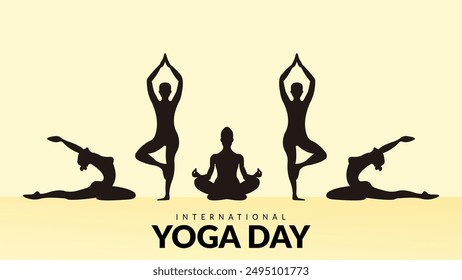 Yoga Day June 21st. People practicing yoga background. Vector illustration.