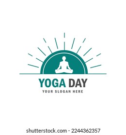 Yoga day logo design vector illustration. Yoga studio business logo, sunrise logo, yoga pose logo design