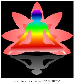 Yoga Day meditation padmasana pose banner with seven aura energy Chakra against pink lotus petals gradient vector on black background shadow design red orange yellow green blue purple deep indigo 