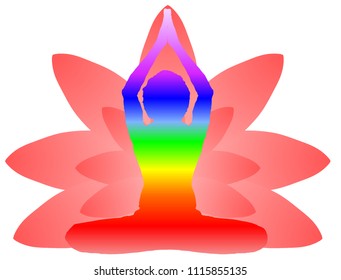 Yoga Day meditation parvastasna pose banner with seven aura energy Chakra against pink lotus petals with beautiful gradient vector design red orange yellow green blue purple deep indigo white colours 