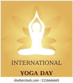 Yoga Day meditation parvastasna pose banner against golden lotus petals with beautiful gradient vector design colour on Golden Background with text