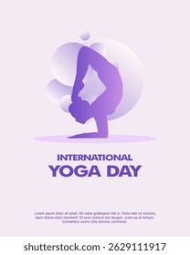 Yoga Day poster showing woman doing headstand with curved legs. Purple minimalist design perfect for yoga events, fitness, balance, and strength themes.