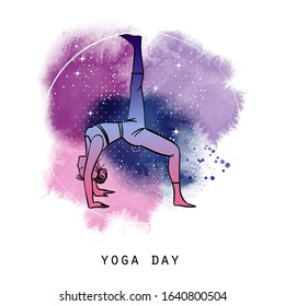yoga day poster. vector hand drawn illustration and watercolor galaxy background