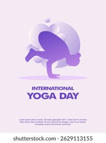 Yoga Day poster with woman performing crow pose balancing on arms. Purple clean silhouette design great for strength, mindfulness, and yoga promotions.