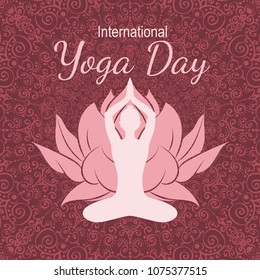 Yoga Day Poster. World Yoga Day vector illustration. Female body in yoga assana with lotus petals on beautiful mandala background