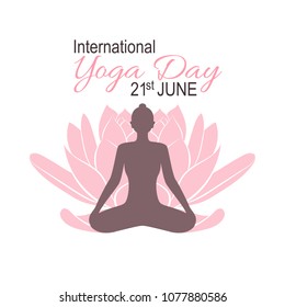 Yoga Day Poster. World Yoga Day vector illustration. Minimalist. Logo for yoga center. Female body in yoga asana with lotus petals