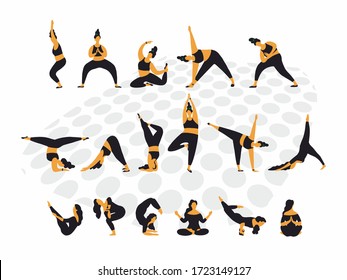 yoga day. Set of yoga poses. Young women do yoga exercises. Vector illustration. Healthy lifestyle. Isolated yoga girls silhouettes. Flat style.