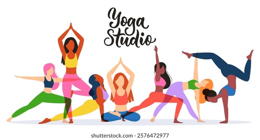 Yoga day, stretching studio banner poster design elements. Colorful girls in different positions. Vector flat illustration. Healthy lifestyle, meditation practice, sport concept