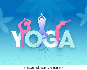 Yoga Day Text with Silhouette Female Doing Yoga Asanas on Gradient Blue Background.