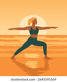 Yoga day vector illustration. Woman in warrior pose asana on beach doing yoga, meditating at sunset or sunrise. Health day and self-care. Use for health projects, yoga sport