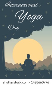 Yoga Day - vector outdoor background. Woman under a tree in a Lotus position in nature on a sunset landscape, forest, mountains. Flat layout for social card, poster, banner, media stories with text. 