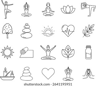 Yoga Day And Wellness Lifestyle Line Art Icon Collection