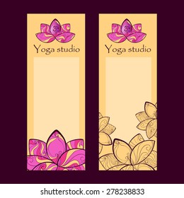 Yoga design flyer or business card with lotus and Om sign. Vector illustration.Corporate identity.