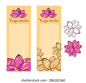 Yoga design flyer or business card with lotus and Om sign. Vector illustration.Corporate identity.