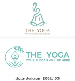 The yoga design logo with people leaf circle outline vector suitable for physical fitness healthy coaching training