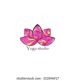 Yoga design logotype with lotus and Om sign. Vector illustration. Logo.