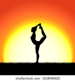 Yoga dhanurasana pose black silhouette on sunset background. Woman character meditating in nature during sunrise, dawn. Vector illustration.