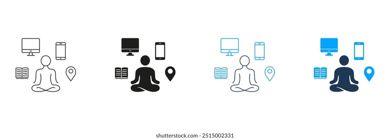 Yoga and Digital Detox Line and Silhouette Icon Set. Relax, Healthy Lifestyle, Wellness Pictogram. Person Offline, Social Media Detoxification Symbol. Editable Stroke. Isolated Vector Illustration.