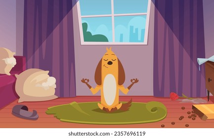 Yoga dog. Cartoon background with happy animal in sport action poses exact vector illustrations