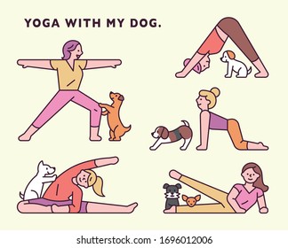 yoga with dog. funny moment. flat design style minimal vector illustration.