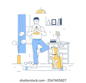 Yoga with dog. Man goes in for sports. Active lifestyle, fitness and workout. Motivation and concentration, meditation. Training indoors. Linear vector illustration