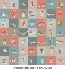 Yoga dog poses and exercises clipart. Funny cartoon poster design. Vector illustration