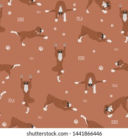 Yoga dogs poses and exercises. Boxer dog seamless pattern. Vector illustration