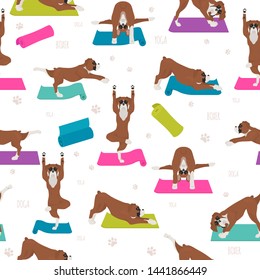 Yoga dogs poses and exercises. Boxer dog seamless pattern. Vector illustration