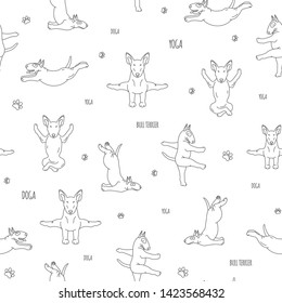 Yoga dogs poses and exercises. Bull terrier seamless pattern. Vector illustration