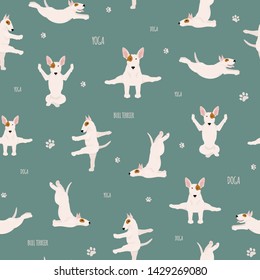 Yoga dogs poses and exercises. Bull terrier seamless pattern. Vector illustration